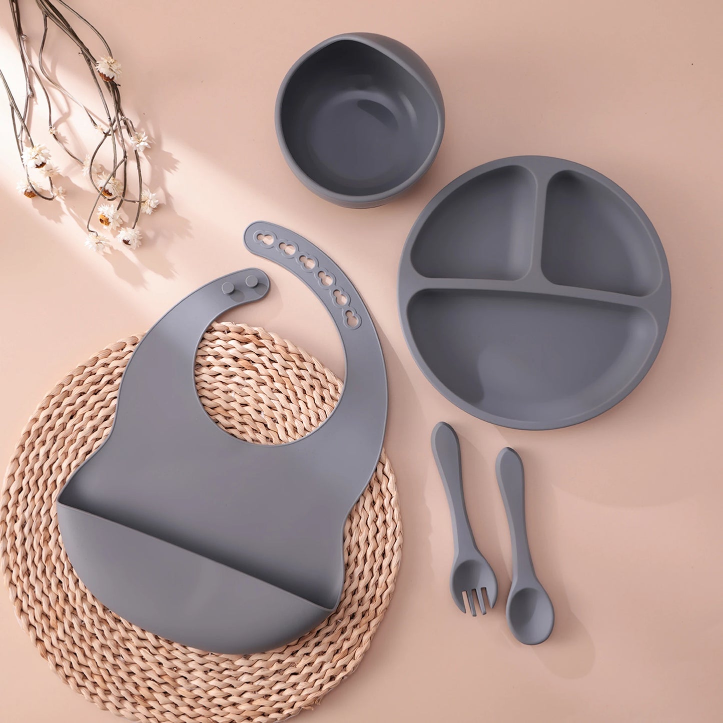 5PCS Silicone BPA Free Baby Toddler Feeding Set; Suction Plate, Suction Bowl, Bib, Spoon Fork Training Tableware Gift Set