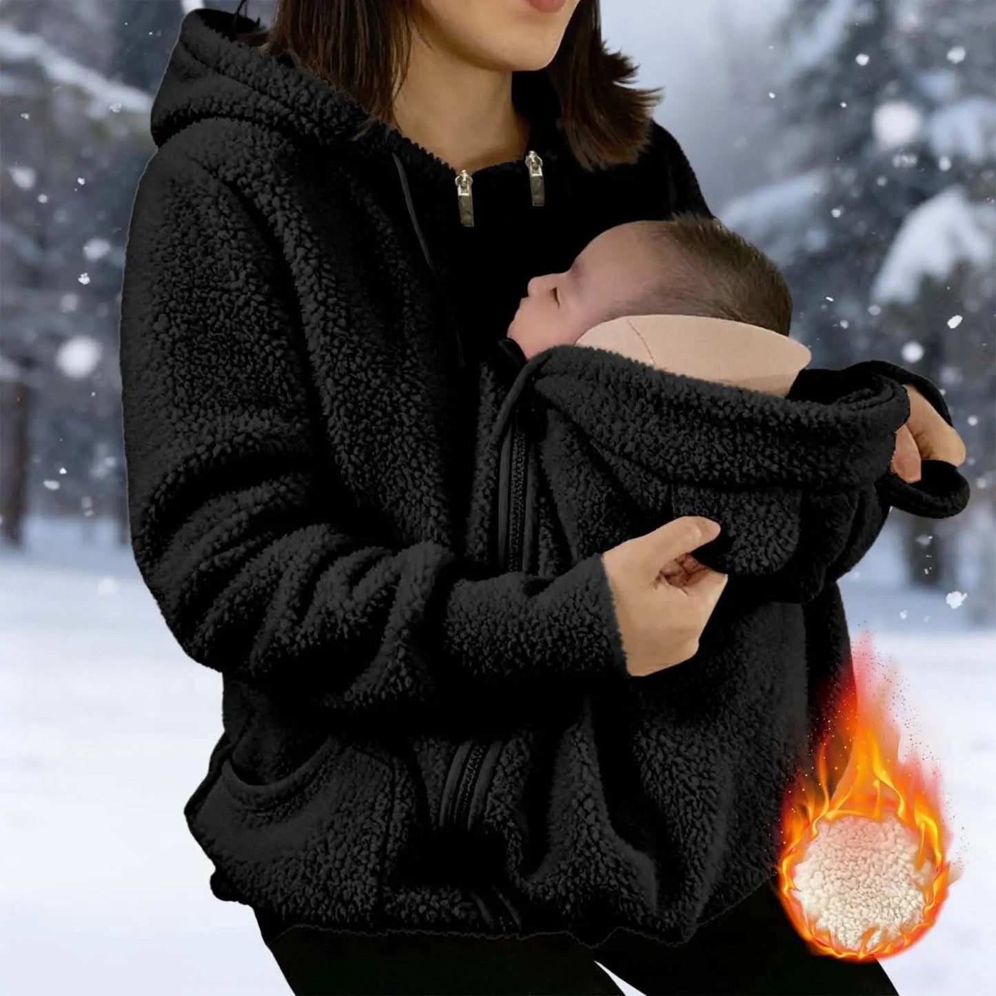 Maternity Warm Fleece Jacket Full Zip Baby Kangaroo Pouch For Winter Multifunctional Jacket, Plus Size Available