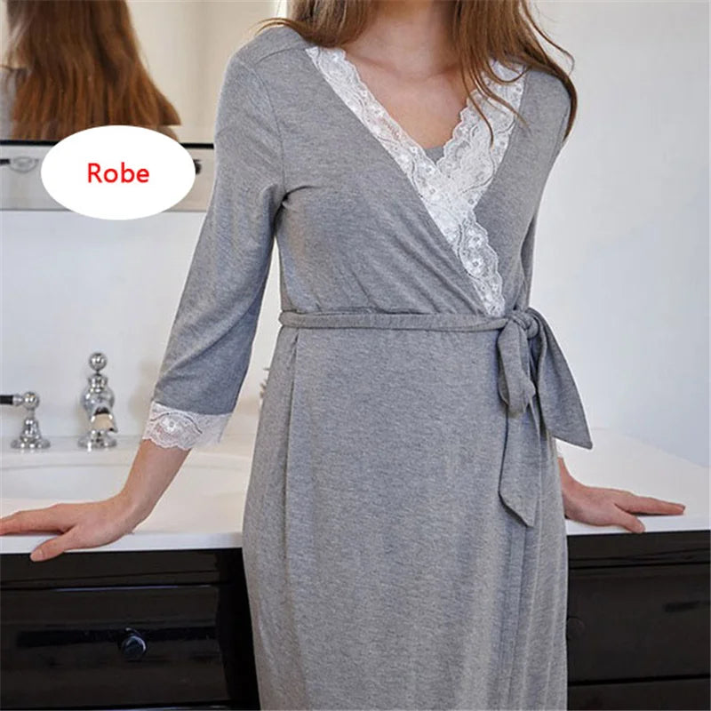 Maternity Nursing Nightgown & Matching Robe With Lace Trim and Adjustable Belt, Sold  Separately