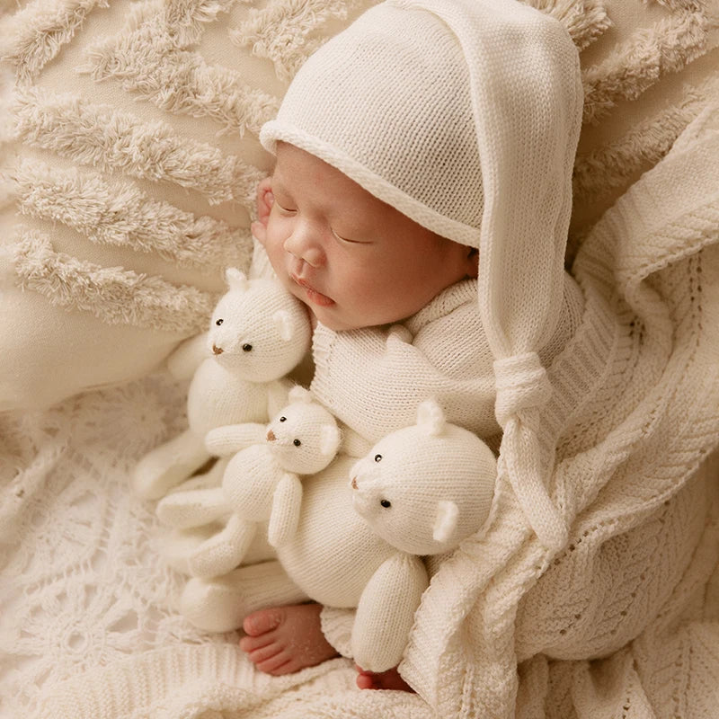 Newborn Photography Clothes 2 Pieces Set Baby Romper Hat Infant Photo Shoot Props Bear Doll Newborn Photography Accessories sold seperately or as complete set