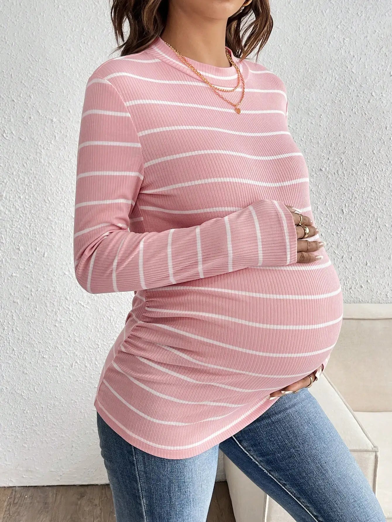 Maternity loose casual pink striped knitted cotton fabric round neck long sleeve pregnant woman T-shirt