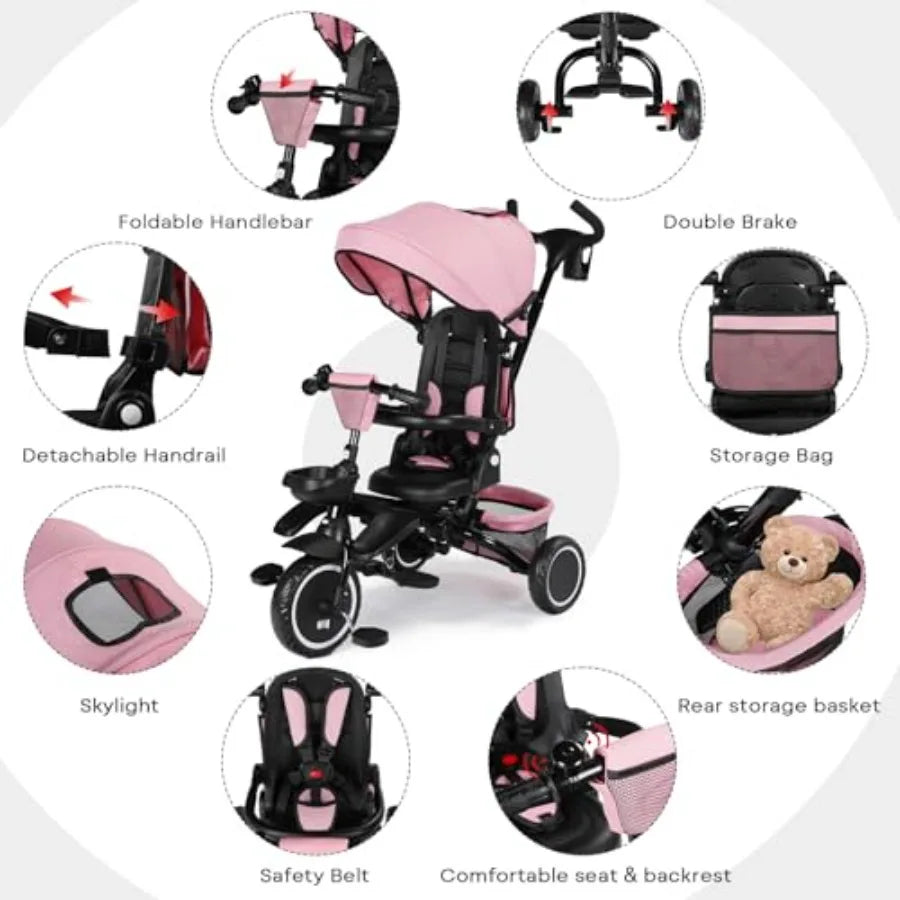 Kinder King Stroller Tricycle 8 in 1 Folding Toddler Trike w/Adjustable Push Handle Rotatable Seat Adjustable Canopy