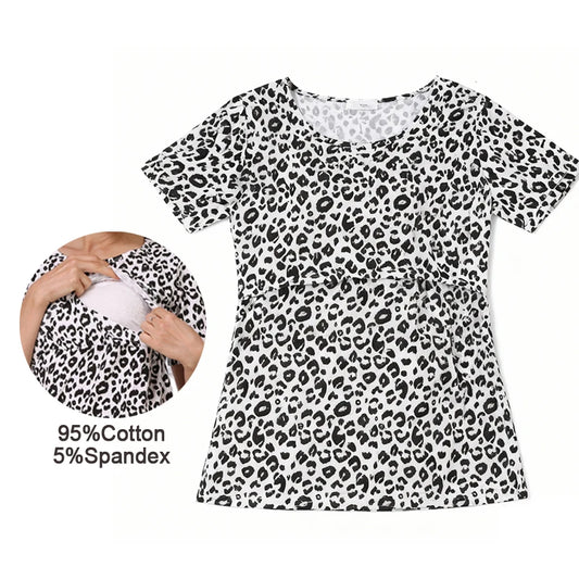Nursing Postpartum Breastfeeding Short Sleeve T-Shirt Leopard Print Top