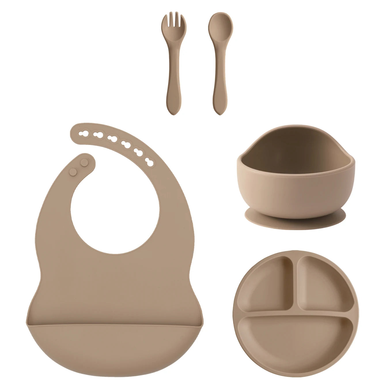 5PCS Silicone BPA Free Baby Toddler Feeding Set; Suction Plate, Suction Bowl, Bib, Spoon Fork Training Tableware Gift Set