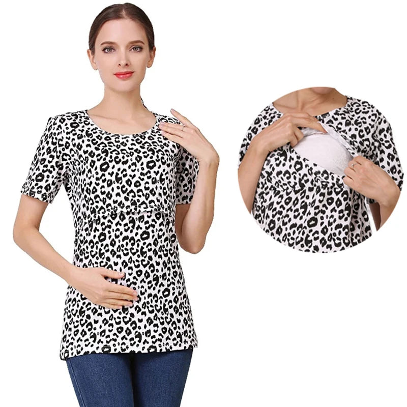 Nursing Postpartum Breastfeeding Short Sleeve T-Shirt Leopard Print Top