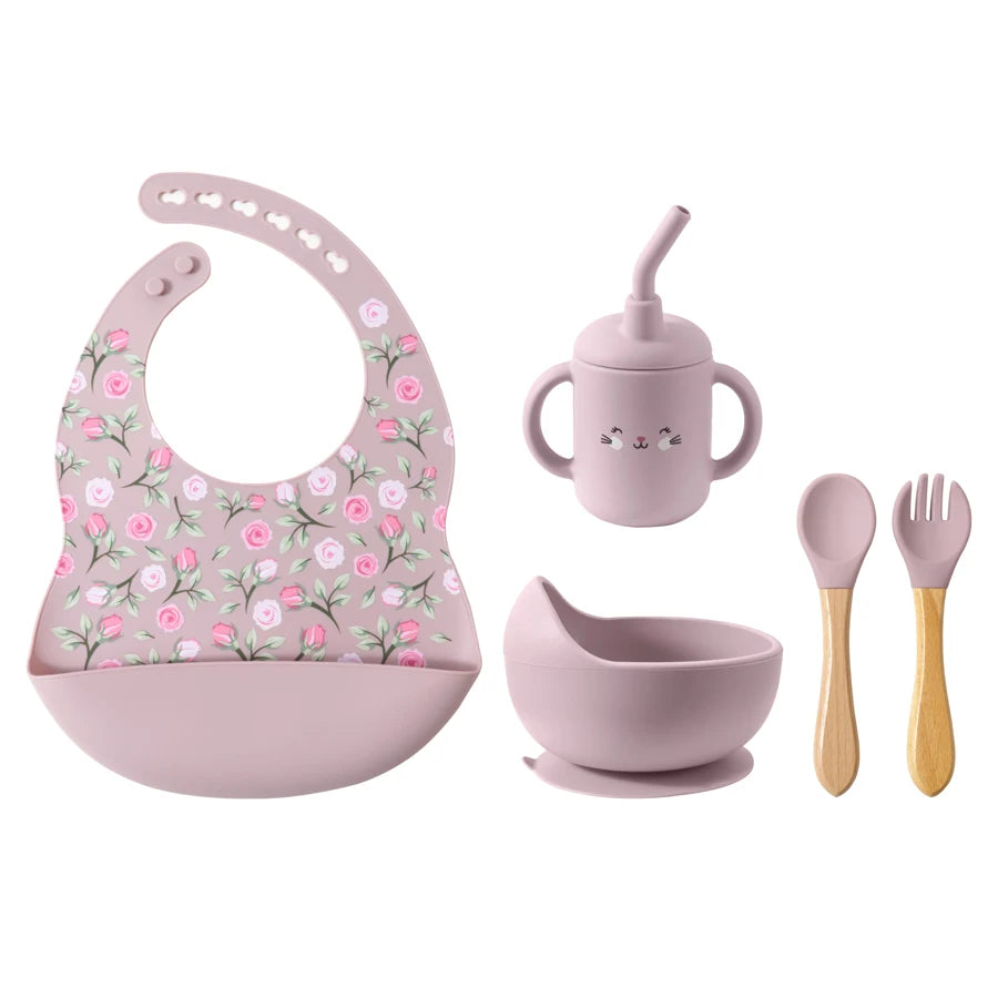 100% Food Grade Silicone Baby Cup, Bowl, Bib, Suction Dish and Utensils Sets
