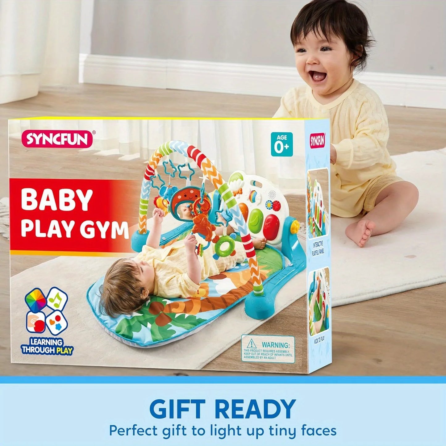 JOYFY Baby Play Mat Tummy Time Mat Toy for 0-12 Months Baby Musical Learning Toy Adorable Animal-Themed Play Gym with Piano Panel