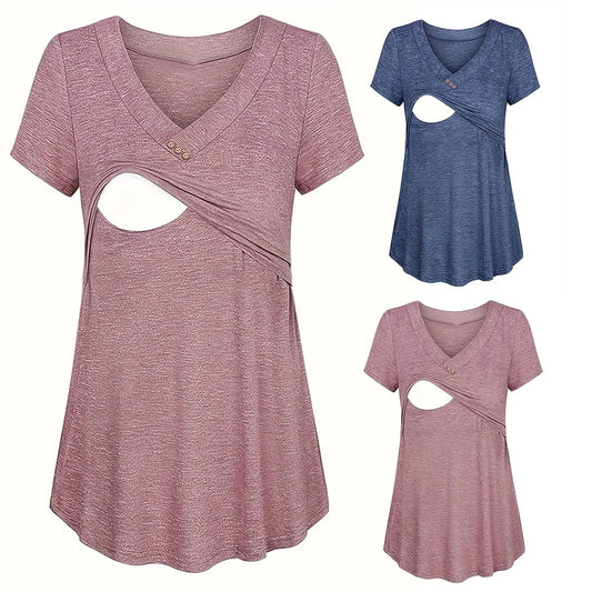 Maternity Casual Solid Color Short Sleeve  V-Neck Basic Nursing Tops Comfort Tee, Plus Size Available