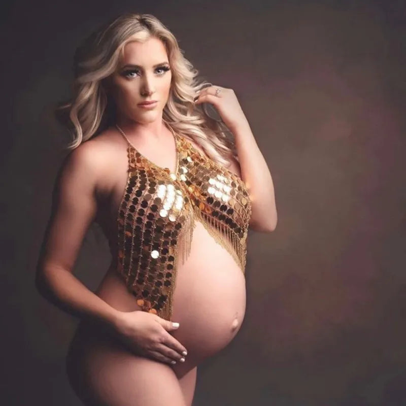 Maternity Photography Props Accessories Punk Style Halter Tops For Pregnancy Photo Shoot Tassels Sequins Maternity Tops