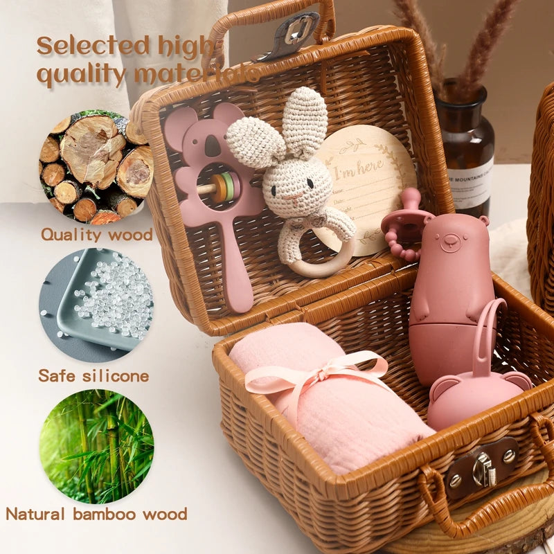 1Set Baby Silicone Pacifier Animal Rattle Rainbow Stacked Toys Newborn Souvenir Milestone Card Baby Birth Teething Gift Box Set