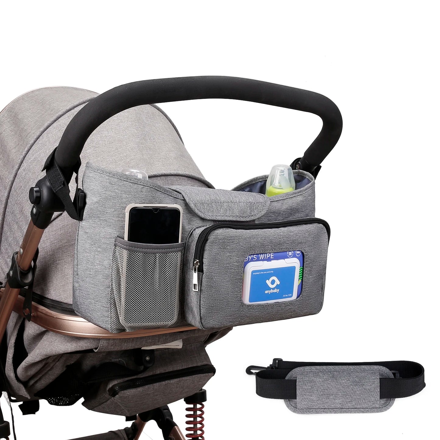 aby Small Diaper Bag Stroller Organizer with Insulated Cup Holder& Shoulder Strap Mini Stroller Storage Pouch for Outdoor