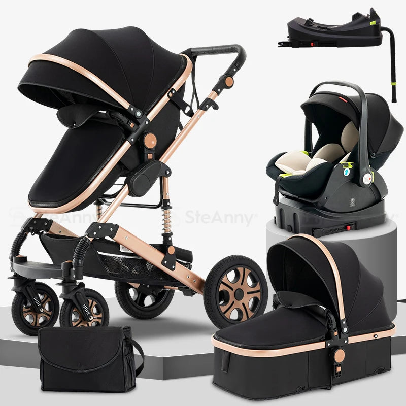 Baby Stroller Combo Car Seat, Baby Travel System with Isofix Base, Baby Carriage 3 in1 Reversible Foldable Standard Stroller