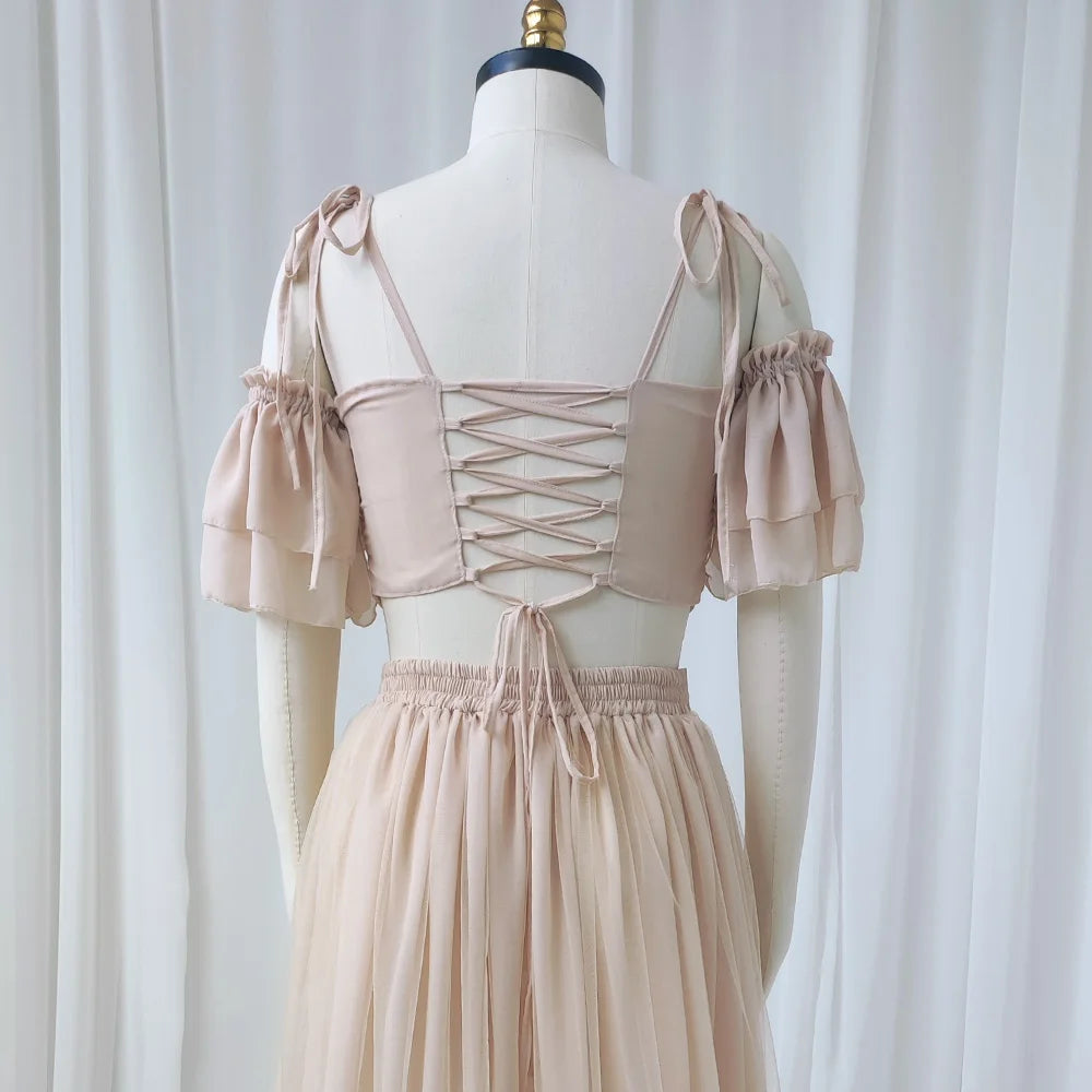 MaternityPhoto Shoot Dress Elegant Chiffon Two-Piece Dress With Adjustable Back Straps Short Top And Mesh Lace Skirt