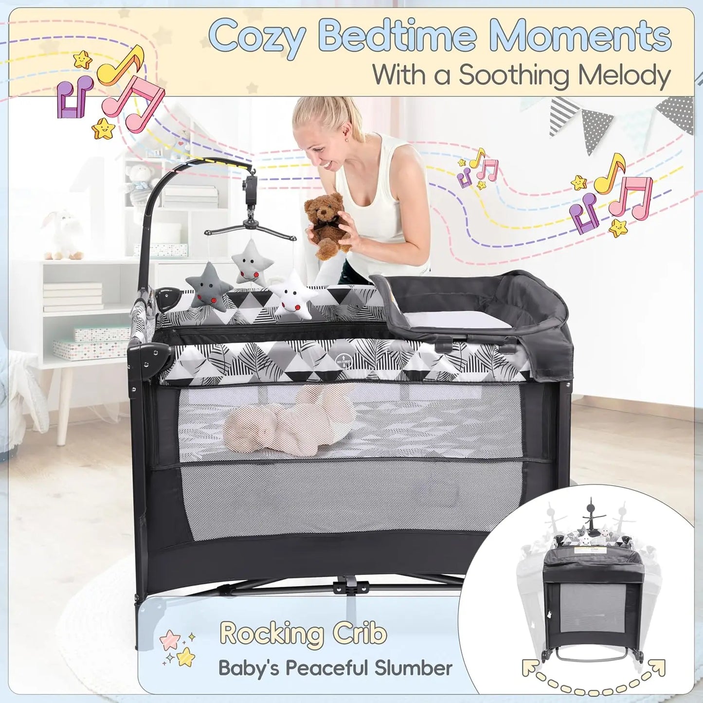 5-in-1 Portable Baby Crib with Changing Table, Bassinet, Storage Bag & Music Box for Newborn to Toddlers