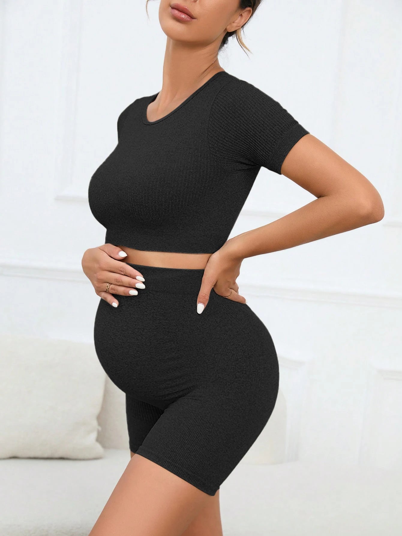 Women's Maternity 2 Piece Seamless Short Sleeve Crop Top Legging Sets Workout Casual