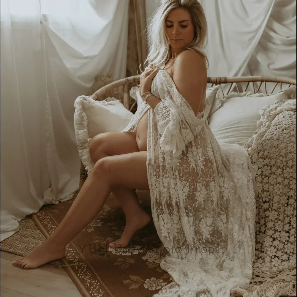 Maternity Photography Dress Cotton Embroidered Lace Transparent Mesh Lace sleeve V-neck For Women