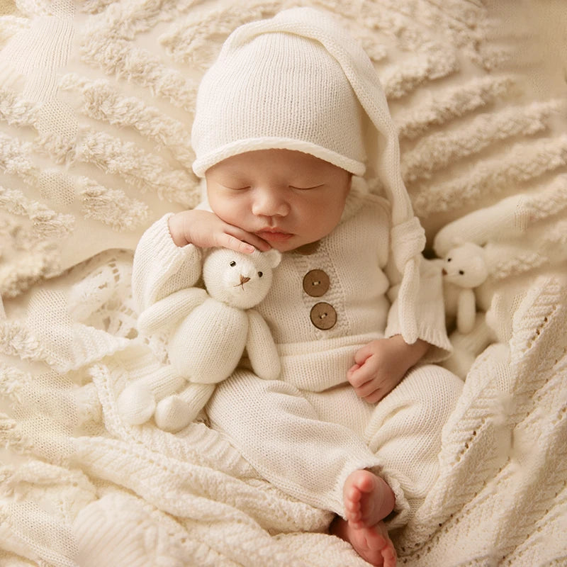 Newborn Photography Clothes 2 Pieces Set Baby Romper Hat Infant Photo Shoot Props Bear Doll Newborn Photography Accessories sold seperately or as complete set