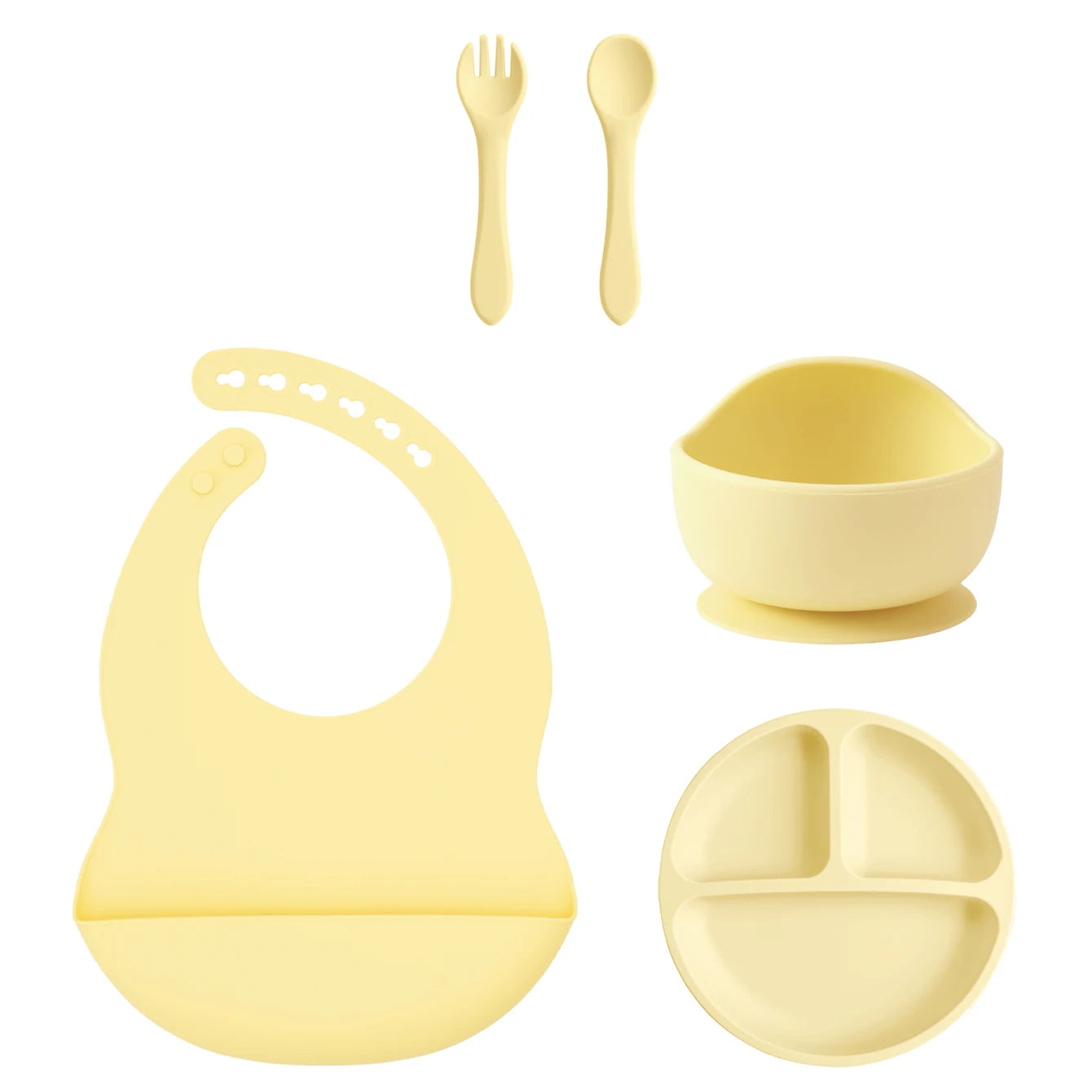 5PCS Silicone BPA Free Baby Toddler Feeding Set; Suction Plate, Suction Bowl, Bib, Spoon Fork Training Tableware Gift Set