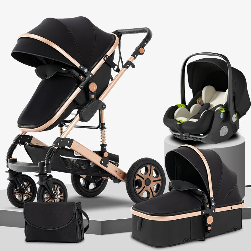 Baby Stroller Combo Car Seat, Baby Travel System with Isofix Base, Baby Carriage 3 in1 Reversible Foldable Standard Stroller