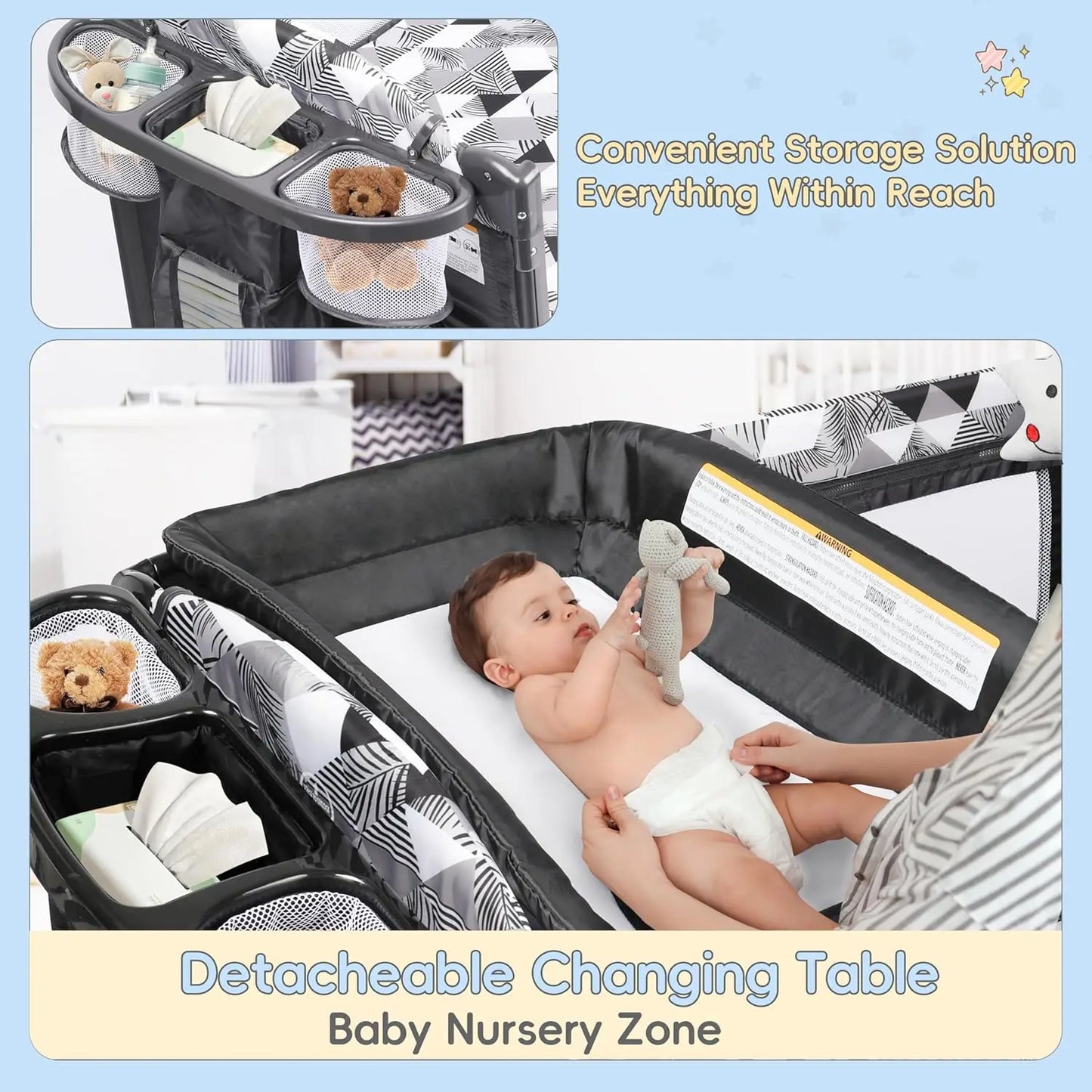 5-in-1 Portable Baby Crib with Changing Table, Bassinet, Storage Bag & Music Box for Newborn to Toddlers