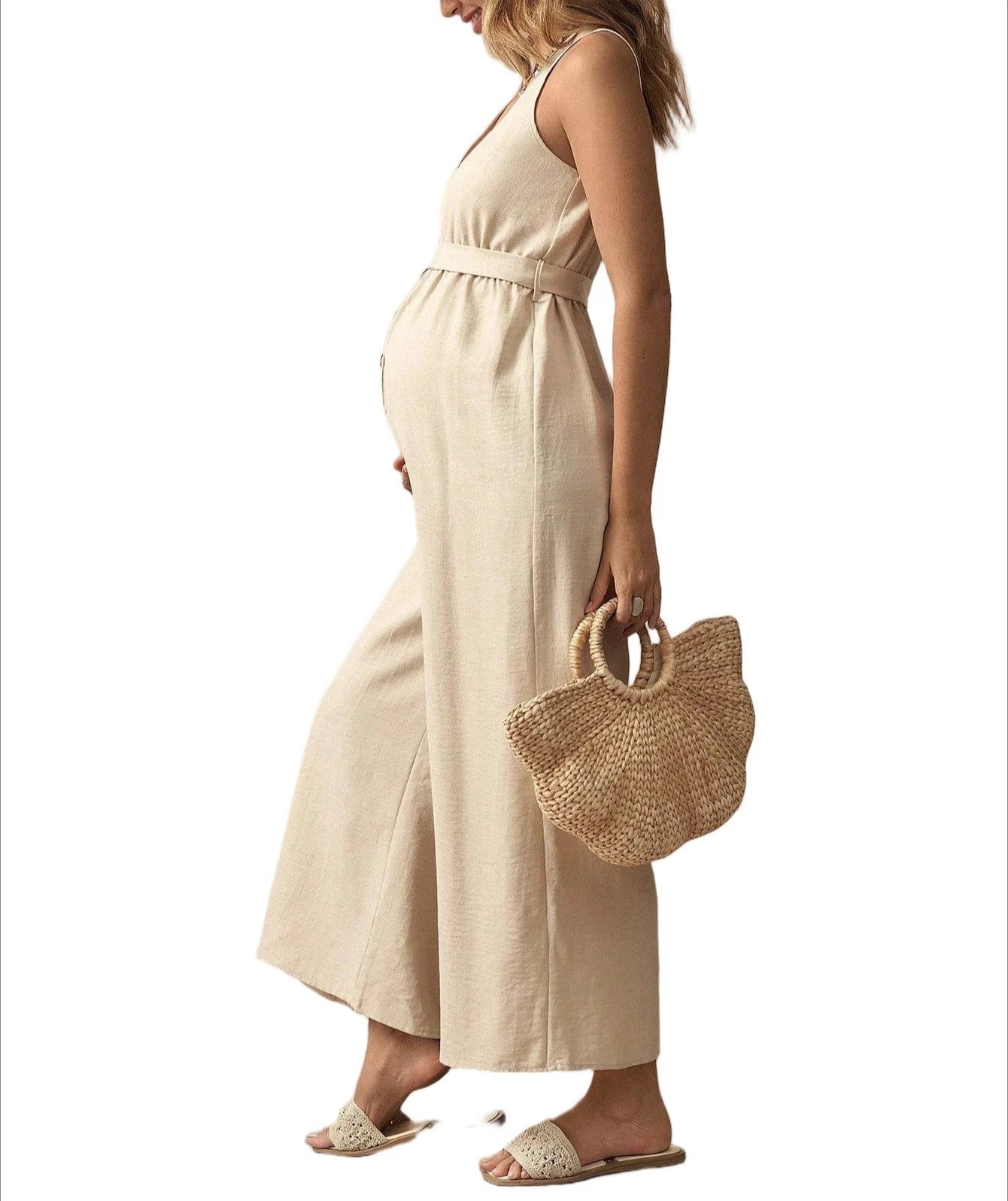 Maternity Jumpsuit for Pregnant Women V-neck Sleeveless Button Down Casual Loose Long Pants with Belt