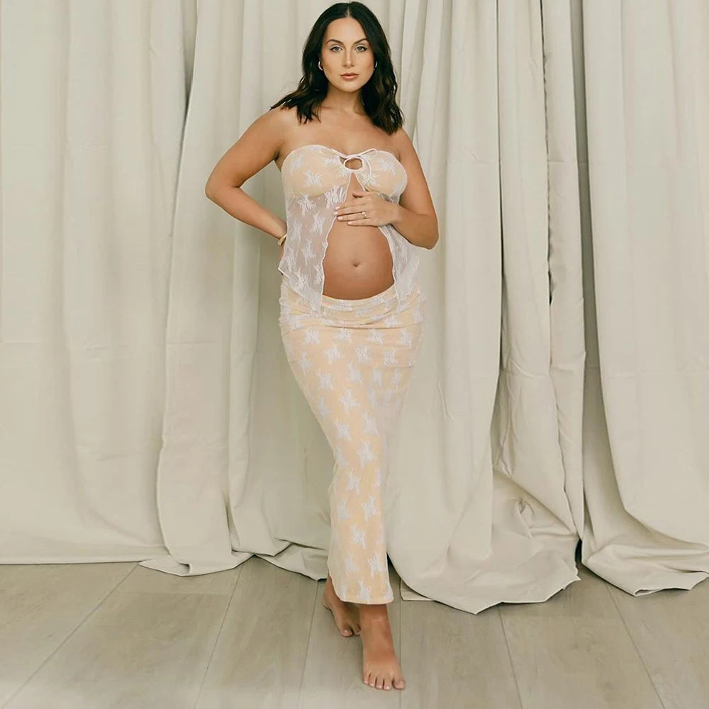 Maternity Photograph Splicy Lace Tub Top Sexy Long  Skirt Women Slim See-through Strapless Two-Piece Outfit