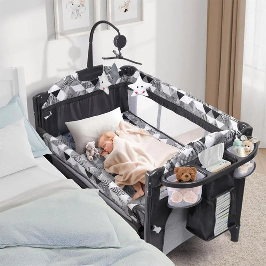 5in1 Baby Bassinet Bedside Sleeper, Portable Pack and Play with Changing Table, Baby Crib with Carry Bag, Cosleeper Bassinet Att
