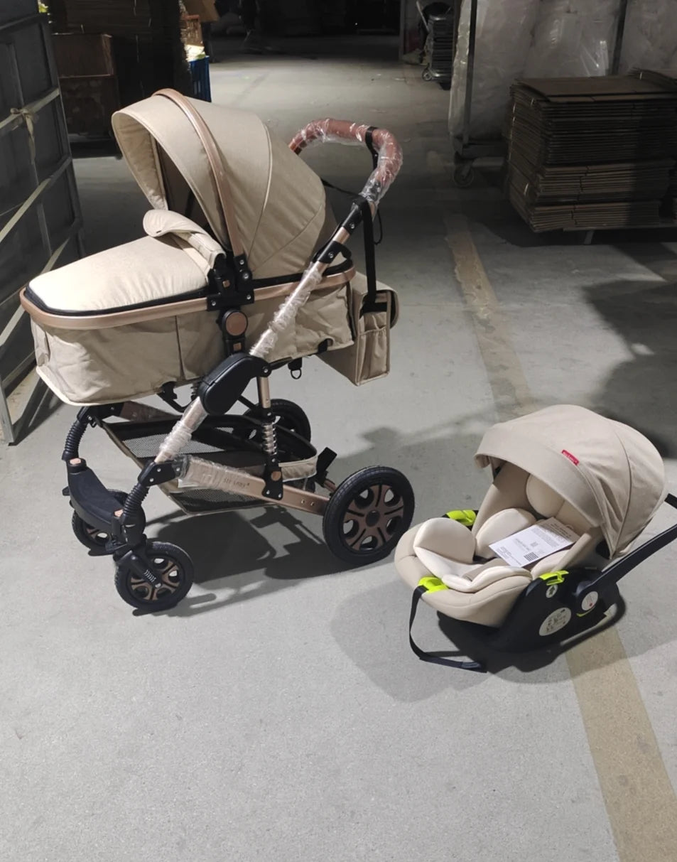 Baby Stroller Combo Car Seat, Baby Travel System with Isofix Base, Baby Carriage 3 in1 Reversible Foldable Standard Stroller