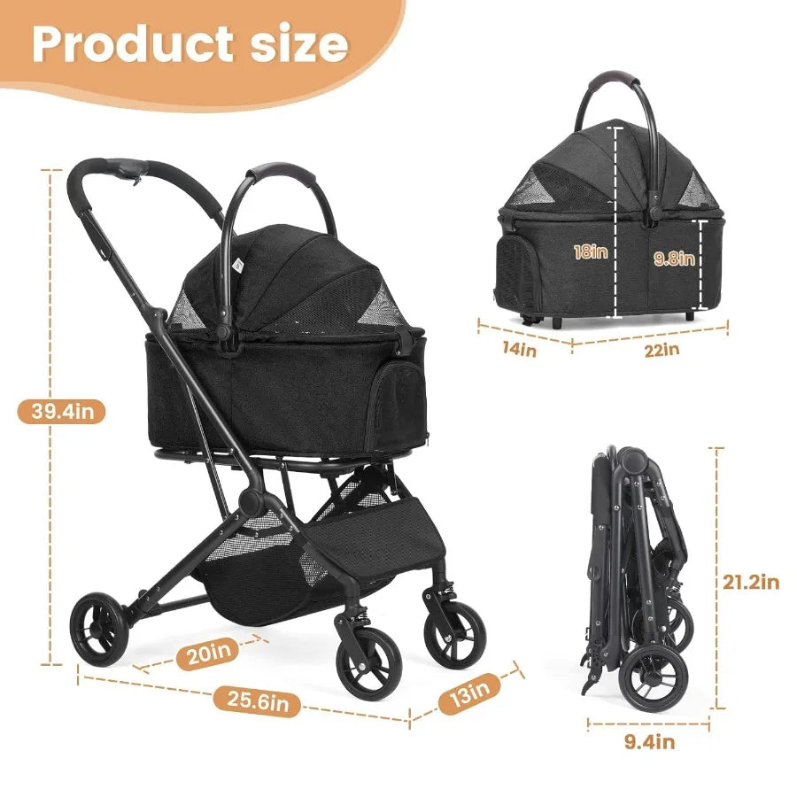 3 in 1 Dog Stroller Upgraded Frame Up to 44lbs Pet Stroller with Dog Poop Bags Dispenser Zipperless Entry Storage Basket
