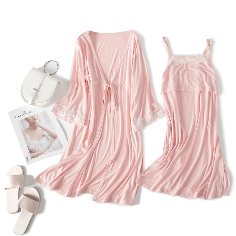 Maternity Labor Dress+Robe Childbirth Pregnancy Pajamas Sleepwear Nursing Sling Breastfeeding Nightgown - 2pcs/Set