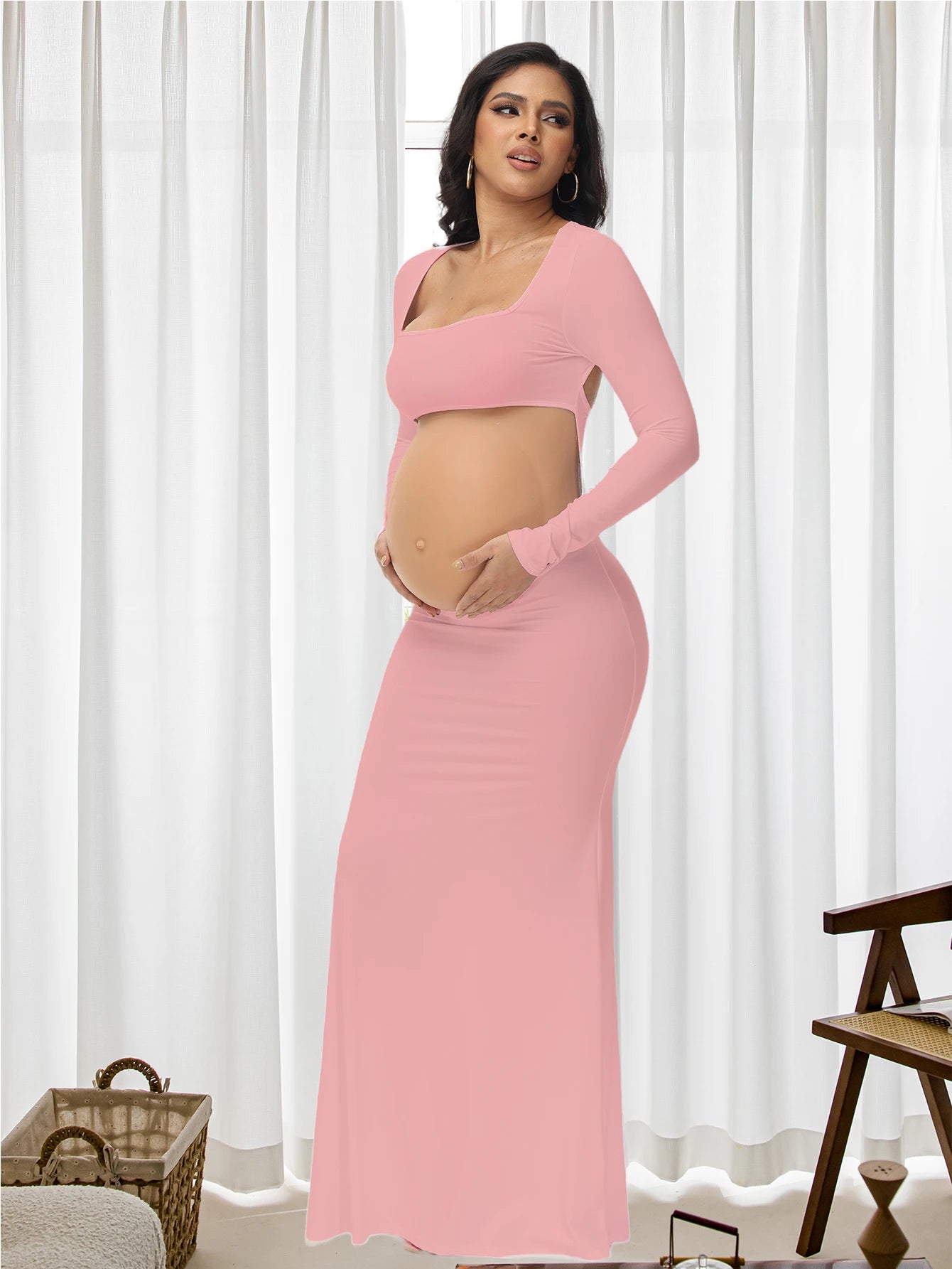 Maternity Photography Sexy Bodycon Dress Square Neck Long Sleeve Wedding Party Pregnant Clothes
