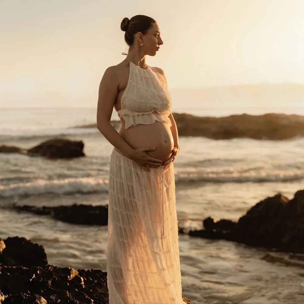 Maternity Photography Dress - Sexy Pleated Halter Top with Matching Chiffon Skirt, 2PC Set