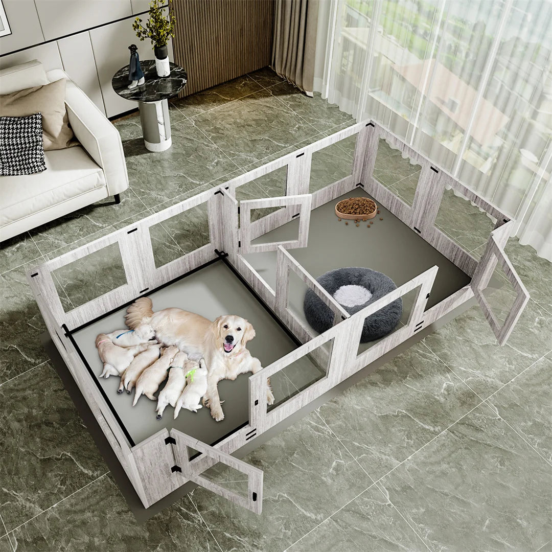 Tempered Glass Pet Whelping Box with Waterproof Fertility Pad Dog Playpen Exercise Cage for Puppies