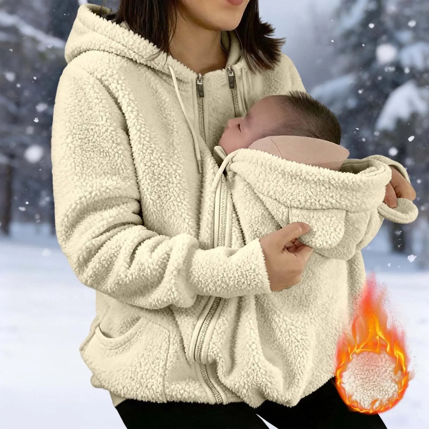 Maternity Warm Fleece Jacket Full Zip Baby Kangaroo Pouch For Winter Multifunctional Jacket, Plus Size Available