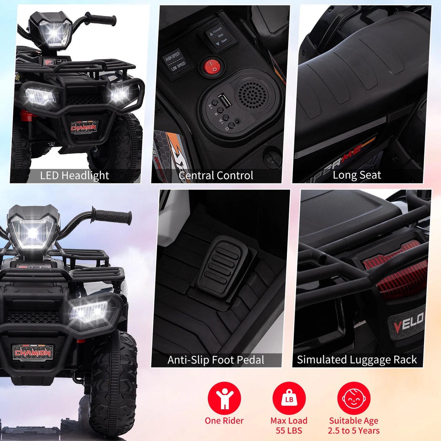 Kids, Age 2.5 - 5 years old, Ride On ATV 12V Battery-Operated Electric Vehicle Car, High/Low 2.2mph Safety Speed, One Button Start, LED Light for Toddlers