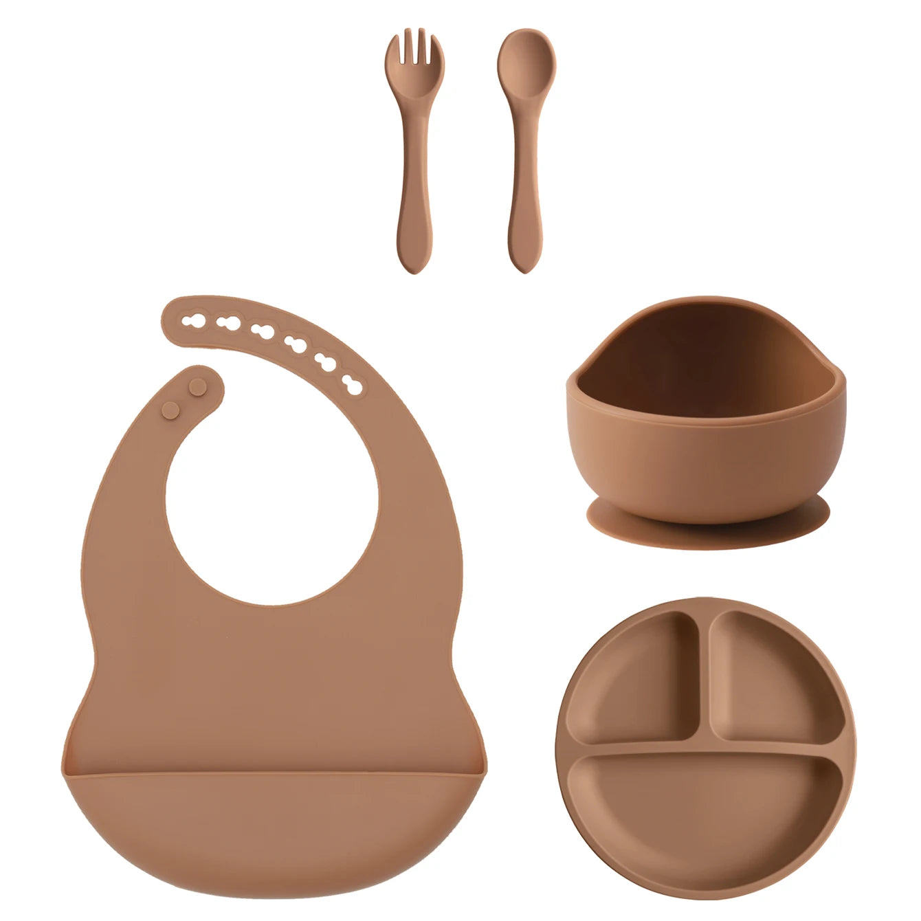 5PCS Silicone BPA Free Baby Toddler Feeding Set; Suction Plate, Suction Bowl, Bib, Spoon Fork Training Tableware Gift Set
