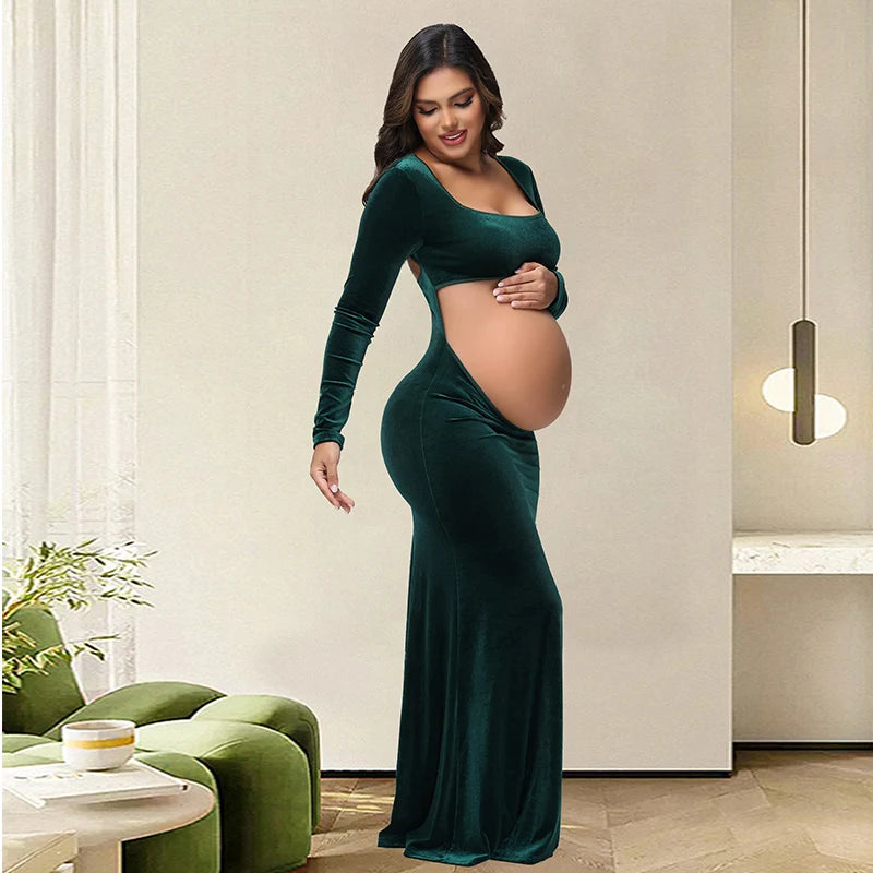 Maternity Photography Dress Velvet Sexy Exposed Belly Long Sleeve Backless Square Neck Women Photoshoot Dress