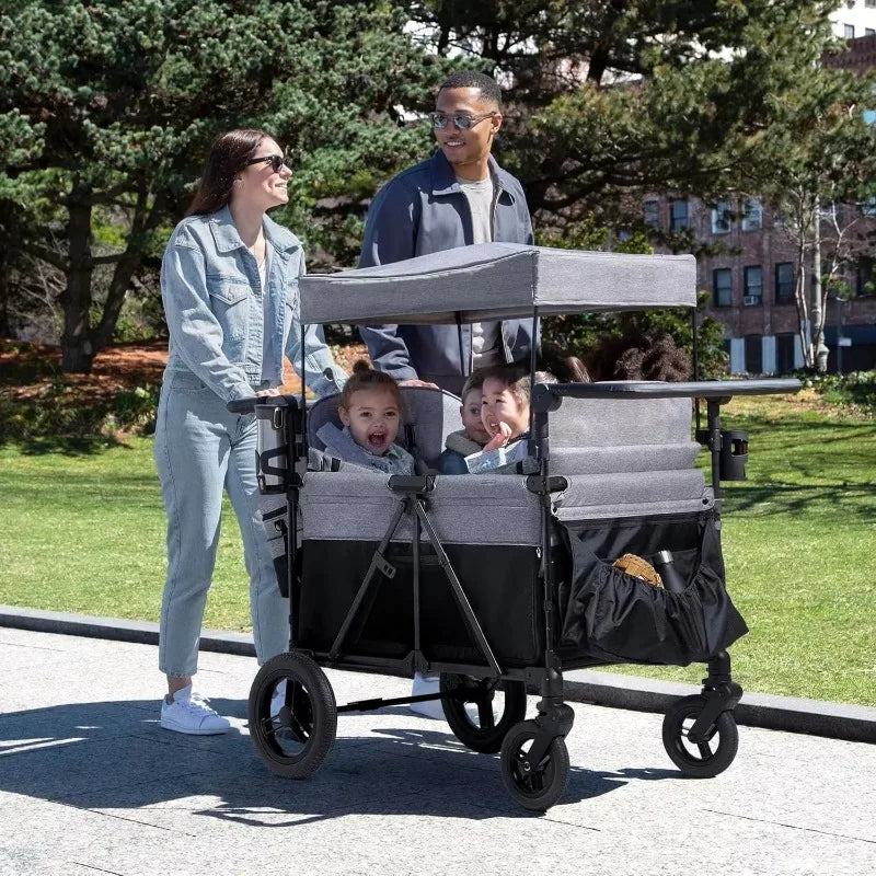 NEW Premium Quad Stroller Wagon for 4 Kids with Removable Canopy & Flat Fold,Adjustable Push/Pull Handles, Convertible Seats-Grey