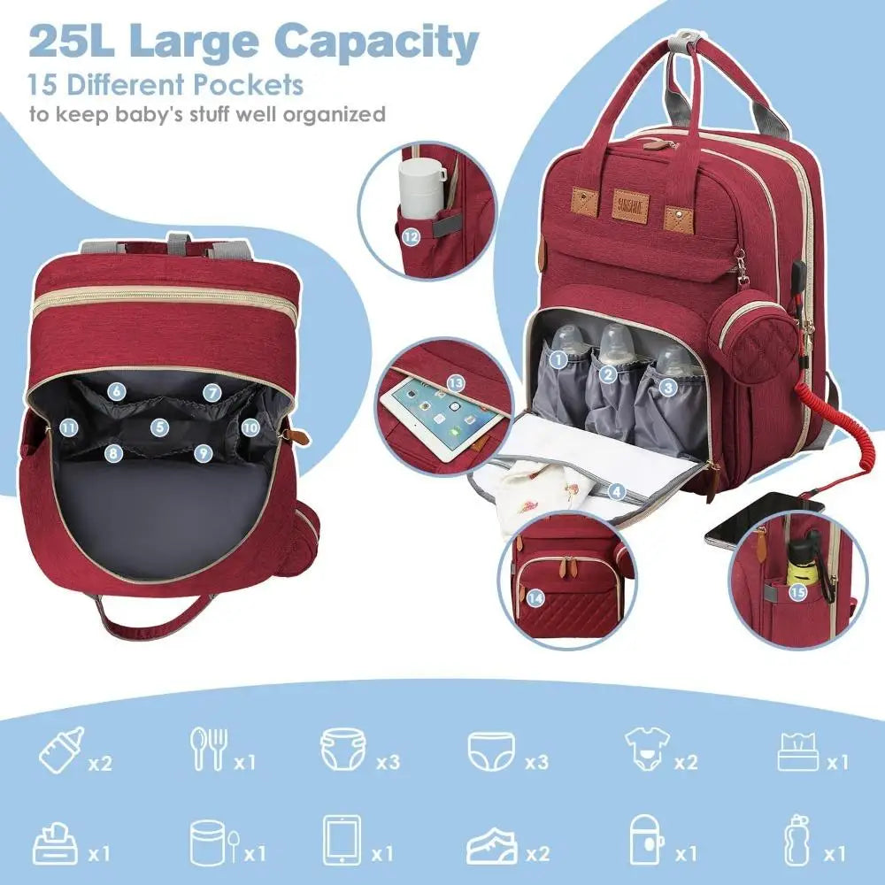 Large Diaper Bag with Changing Station, Foldable Diaper Bag Backpack with Bed, Diaper Bag with Insulated Pockets