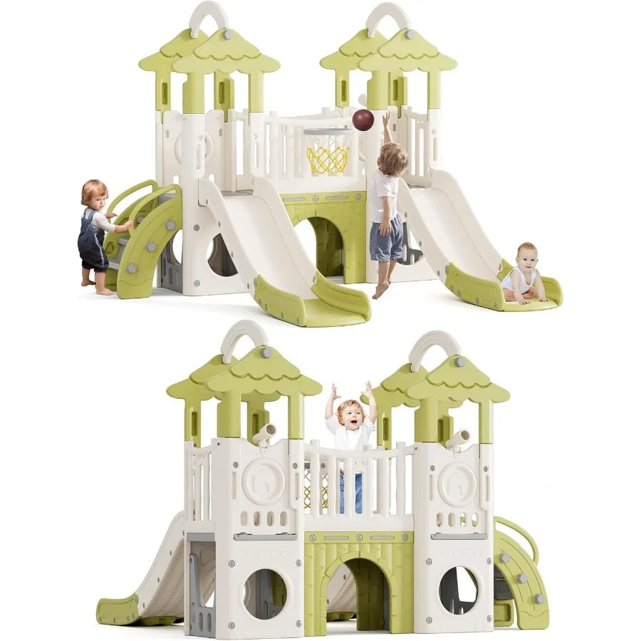 8in1 Toddler Slide Indoor Playground Sets Toddler Outdoor Playset Backyards Slides for Age 1+ with Double SlidesGrassroof Climb