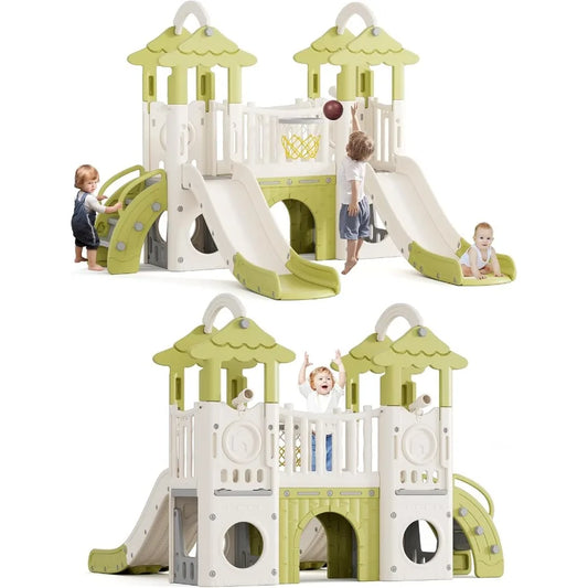 8in1 Toddler Slide Indoor Playground Sets Toddler Outdoor Playset Backyards Slides for Age 1+ with Double SlidesGrassroof Climb