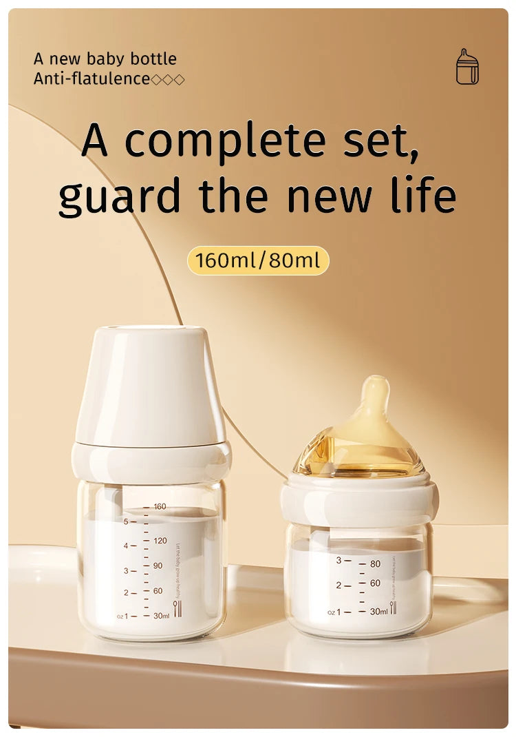 Newborn Glass Baby Bottles 160ml Silicone Nipple, 0-6 Months Anti Bloating Anti Spitting Choking