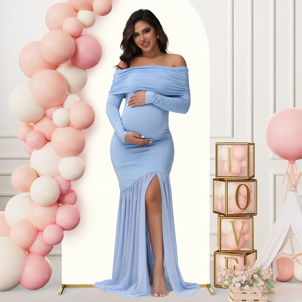 Maternity Photography Off-Shoulder Slits Fishtail Hem Baby Shower Clothes For Pregnant Woman Evening Party Elegant Gown