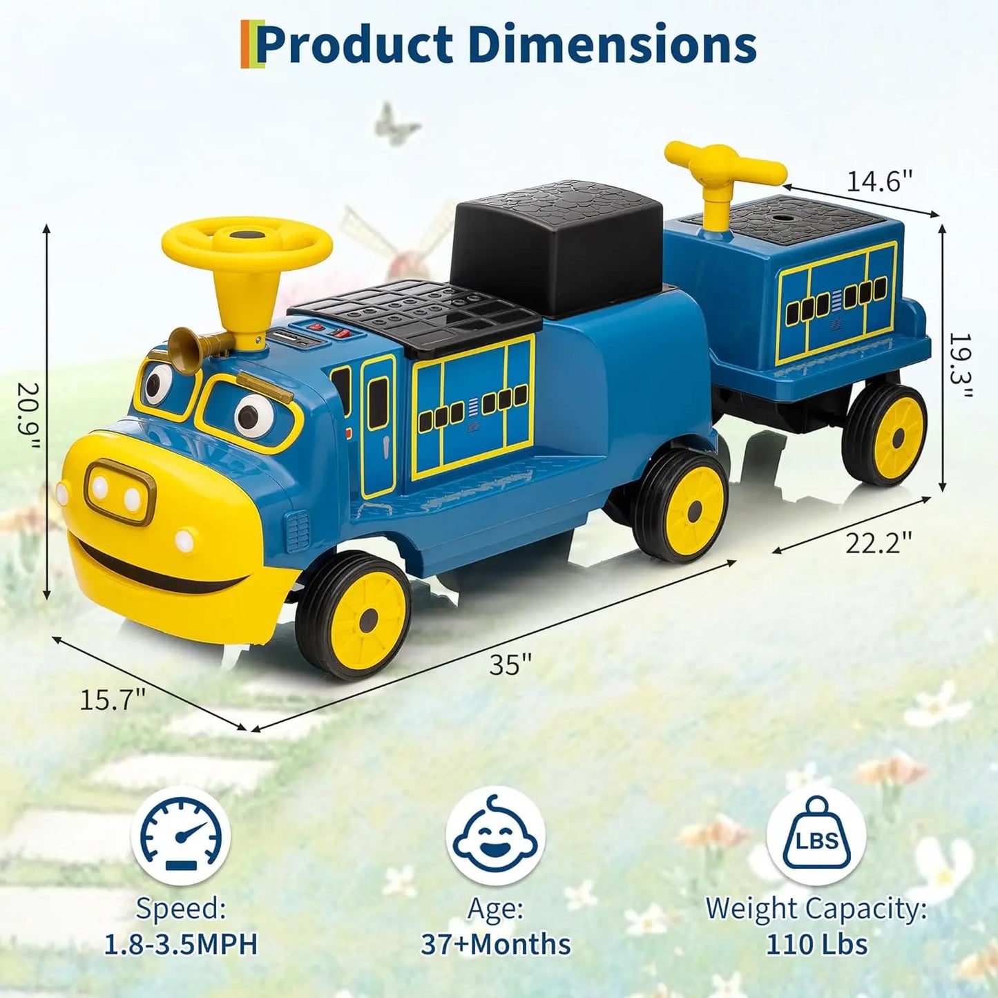 2 Seater Ride On Trackless Train , 12V Kids Ride On Toy with Height Adjustable Seat, Storage Space, Carriage for Toddlers 3+, 2nd carriage sold separately