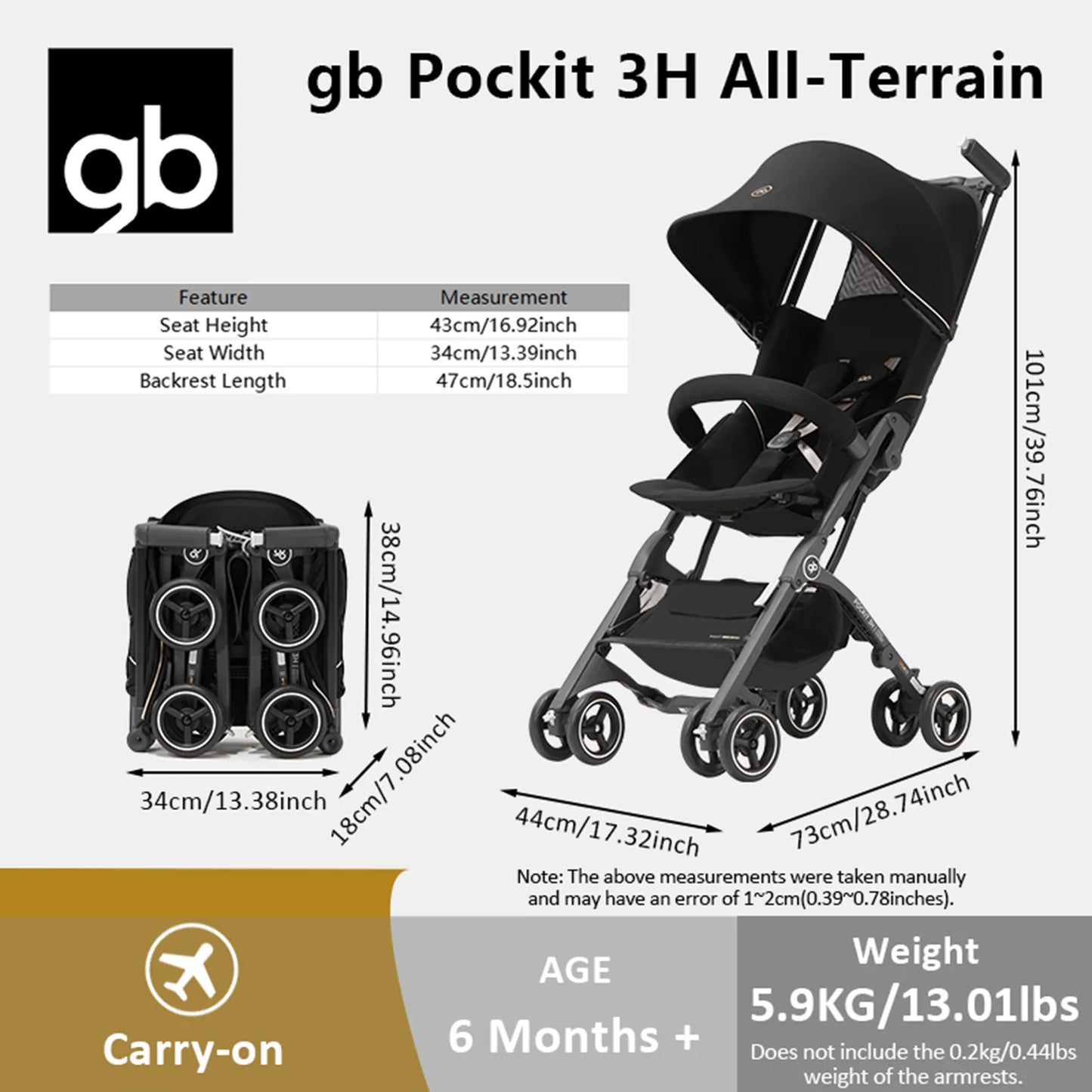 gb Pockit 3H baby Steoller (Includes Free Armrest), All-Terrain, Lightweight Stroller, Travel-Friendly