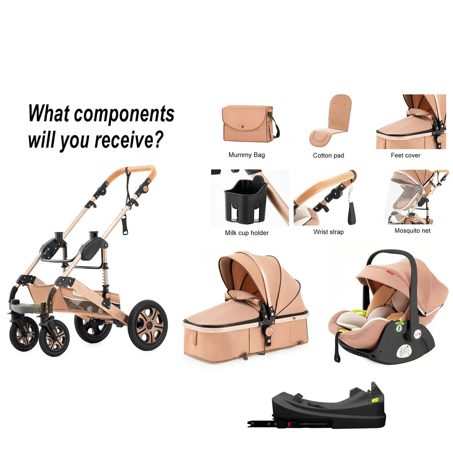 Baby Stroller Combo Car Seat, Baby Travel System with Isofix Base, Baby Carriage 3 in1 Reversible Foldable Standard Stroller
