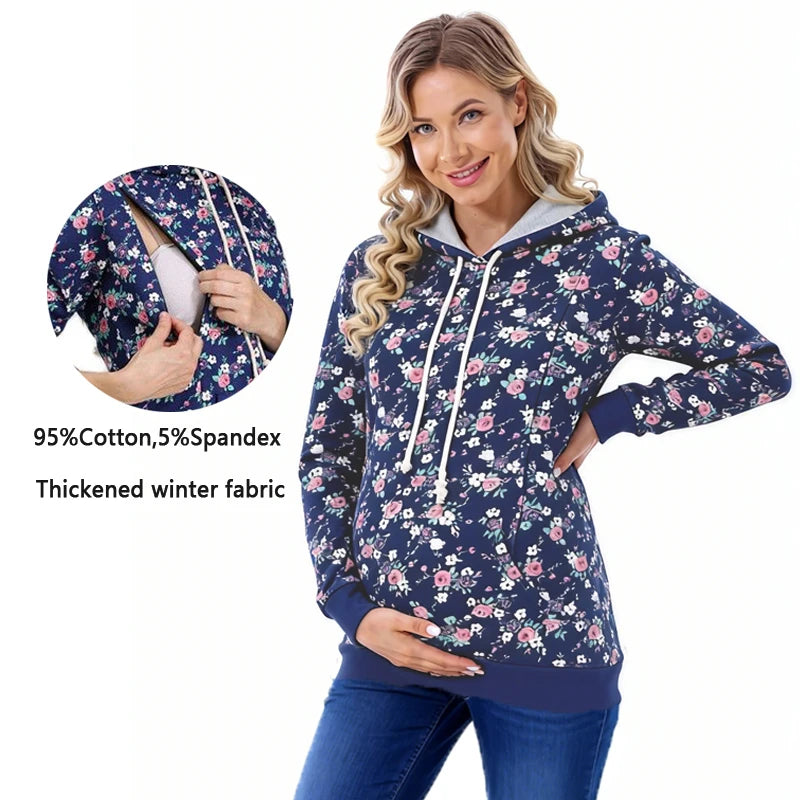 Nursing Maternity Hoodies Sweatshirts Long Sleeve Breastfeeding Postpartum Tops, Plus Size Available