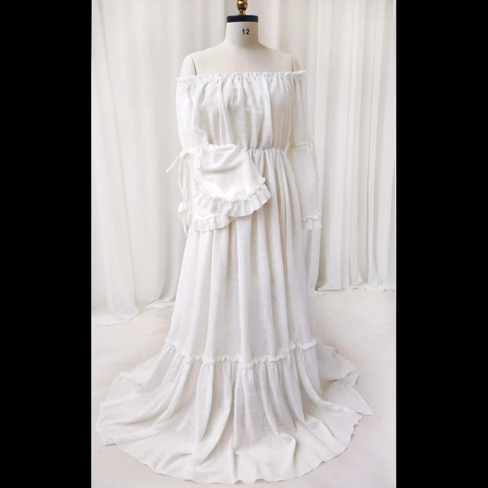Maternity Photography Bohemian Props Dress Linen Cotton One Shoulder Long Sleeves Two piece set