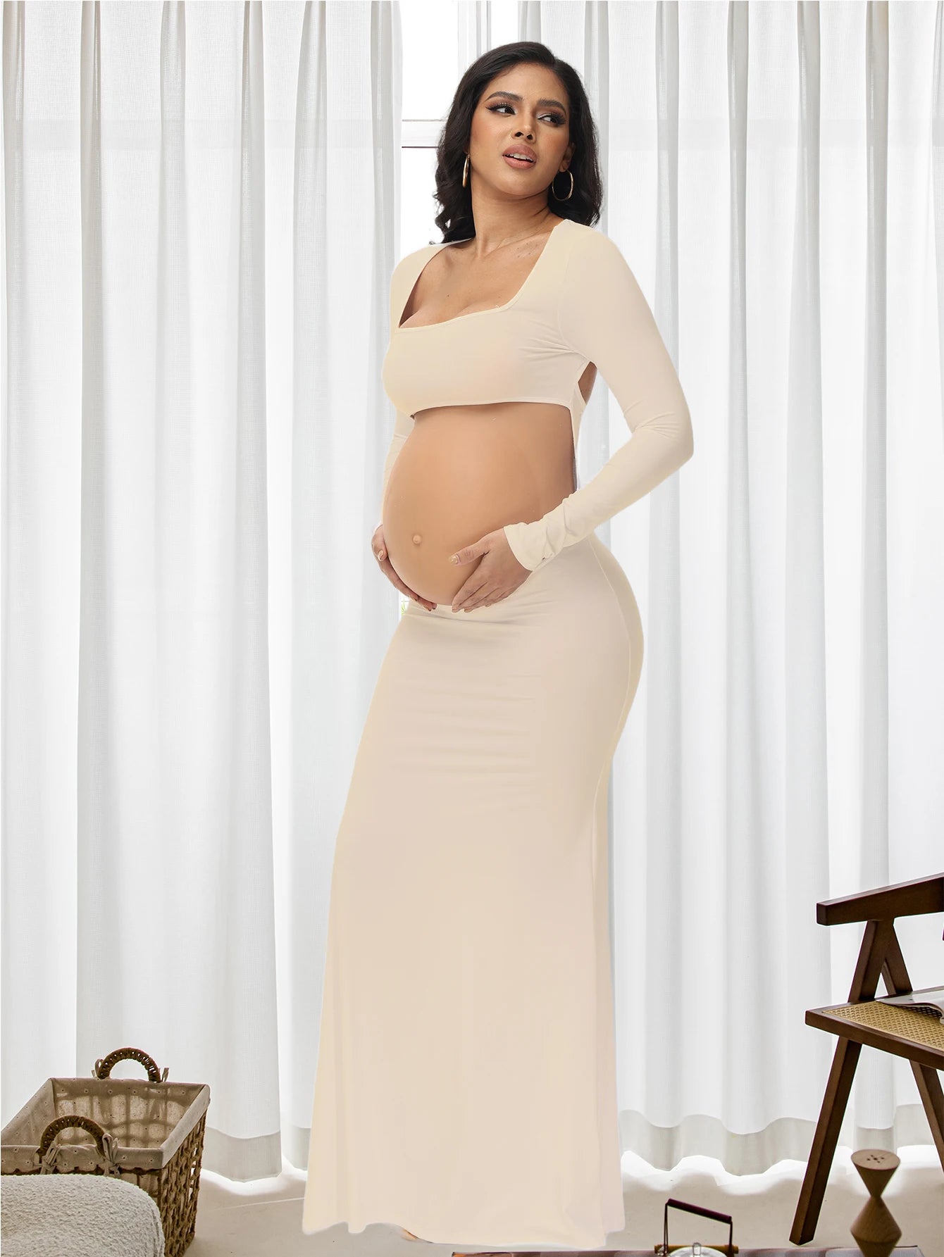 Maternity Photography Sexy Bodycon Dress Square Neck Long Sleeve Wedding Party Pregnant Clothes