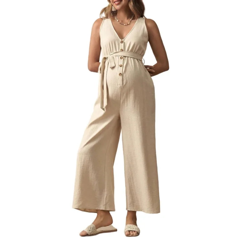 Maternity Jumpsuit for Pregnant Women V-neck Sleeveless Button Down Casual Loose Long Pants with Belt